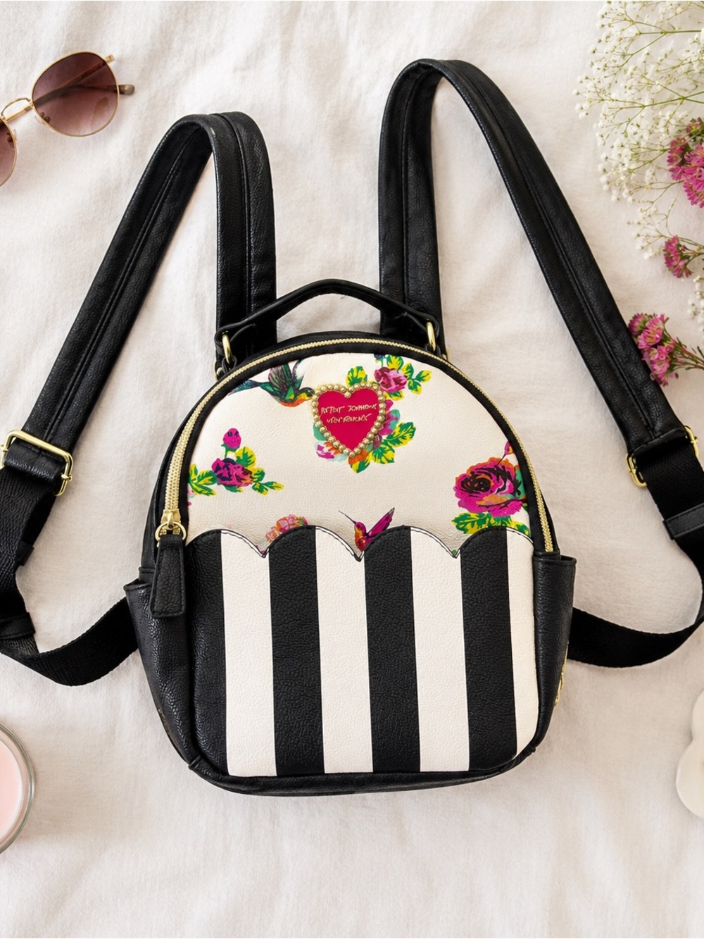 Betsey Johnson Mini Backpack Black White Stripe Floral Heart Faux Leather
